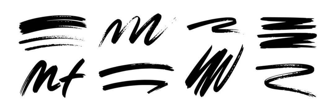Brush strokes collection with dynamic black lines and textured appearance showcasing various stroke styles for artistic design, calligraphy, digital art, and expressive graphic projects