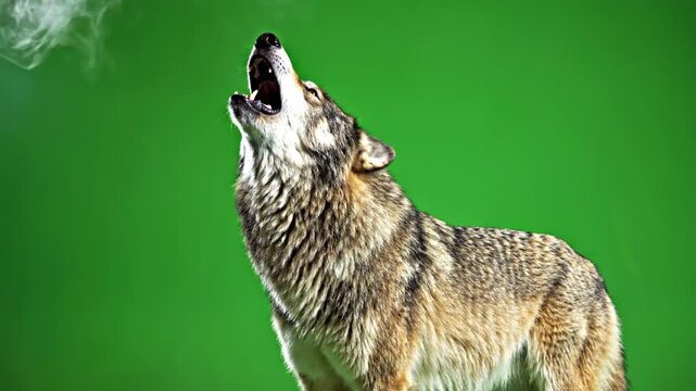 Wolf howling on green backdrop animal portrait with smoke