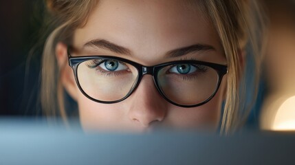 Fototapeta premium Young caucasian female with glasses focused on screen.
