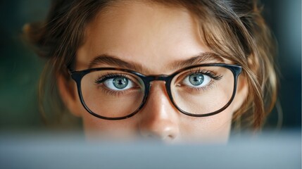 Fototapeta premium Close-up of young caucasian female with glasses and blue eyes.