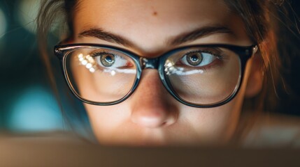 Fototapeta premium Focused caucasian young female with glasses staring intently at screen.