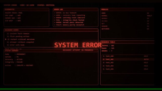 Red digital screen with a prominent system error message, symbolizing technology malfunction, data corruption, or a severe system breakdown. Abstract interface depicts digital failure