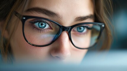 Fototapeta premium Focused caucasian female adult with glasses and blue eyes reading screen.