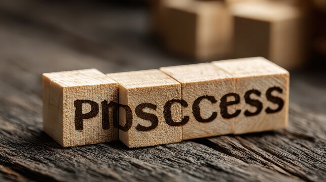 Process for success concept. Wooden cube block flip over word process to success on wood table.