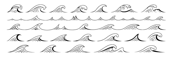 Obraz premium Waves line drawing set with smooth curves and stylized ocean movement, monochrome minimalist design for maritime themes, vector style for icons, illustrations, and graphic projects
