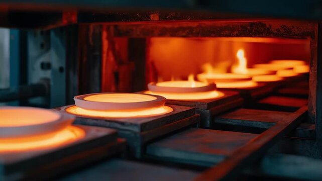 Closeup medium shot highlighting zirconia sintering furnaces with ceramic pieces on trays main furnace sharply focused while background fades out.