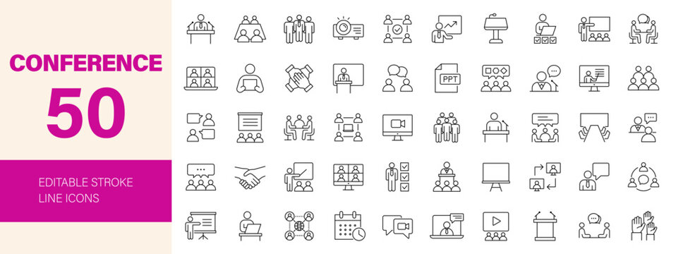Conference and Seminar icon set. Editable line icons. Vector illustration.