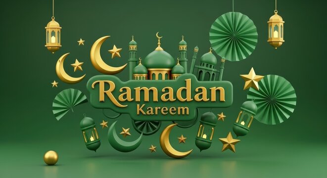 Golden ramadan kareem text with green mosque elements moon stars and paper fans on bright green background for celebration
