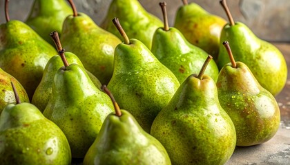 Patterned green pears fill frame. Repeating arrangement of green pears tightly framed to create a textured pattern; useful as a background, textile motif, or food design asset.