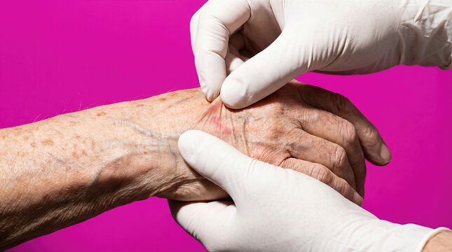 Close up of doctor checking dehydration on elderly arm isolated on pink background