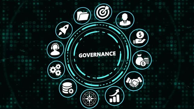 Abstract digital illustration representing corporate governance concepts with icons for strategy, finance, teamwork, and leadership, ideal for business presentations.
