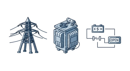 Set of electrical power icons, includes transformer, transmission tower, and electrical circuit diagram