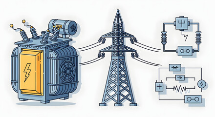 Set of electrical power icons, includes transformer, transmission tower, and electrical circuit diagram