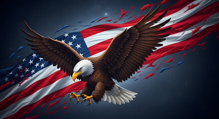 Fototapeta premium A majestic bald eagle soaring in front of a vibrant American flag