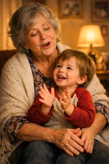 Child clapping happily to grandmother song while sitting comfortably on her lap