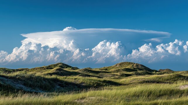 Sculpted super-cell, a mesocyclone weather formation thunderstorm clouds, drifting majestically across the Nebraska sand hills.