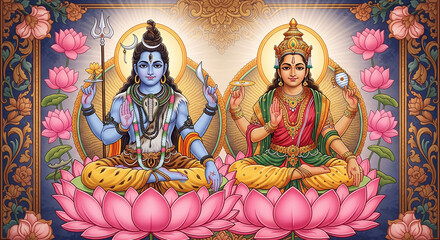 Fototapeta premium Hindu religious god Shiva or shiv with goddess Parvati illustration with lotus flowers