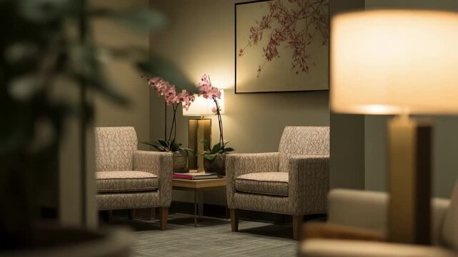 Corner suite consultation room captured in medium shot showcasing an intimate seating arrangement with subtle d&eacute;cor main objects sharp and surroundings gently out of focus.