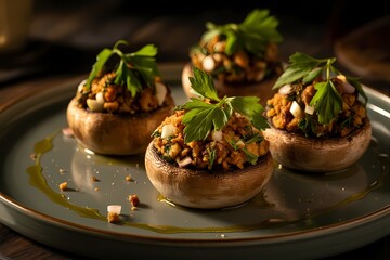 Gourmet Stuffed Mushrooms with Fresh Herbs and Golden Roasted Topping on Plate