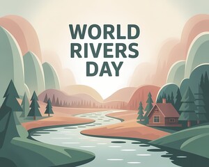 World Rivers Day Illustration Showing Peaceful Flowing River Through Nature and Mountains