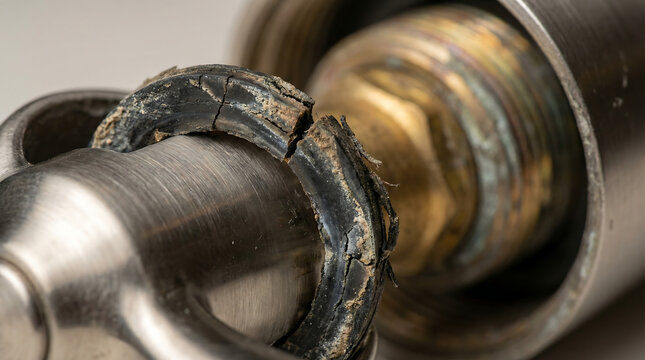 Close-up of a severely worn and cracked industrial metal gasket, highlighting material degradation and potential failure in a mechanical system.