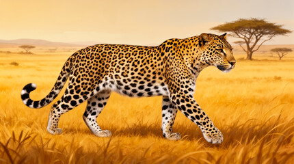 Fototapeta premium Majestic Leopard Strides Across Golden Savannah at Sunset, Embodying Freedom, Serenity, and Wildlife Conservation in a Digital Illustration