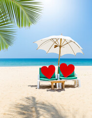 Red heart on beach chair over tropical beach background, vertical style, love and romance concept, summer valentine day 