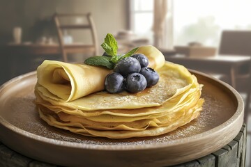 Golden Thin Pancakes Served on White Plate with Fresh Mint Garnish