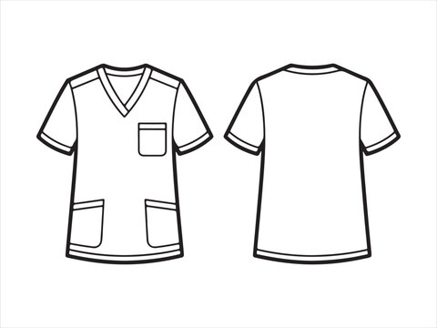 Medical Scrub Shirt Front and Back Outline, Vector fashion, short sleeve medical scrub shirt front back flat, uniform, illustration outline vector