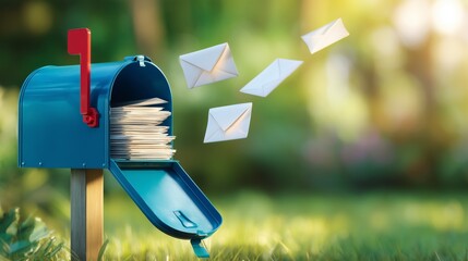 Mail Delivery and Communication. The vibrant blue mailbox, overflowing with letters, is juxtaposed with the lush green lawn, capturing the essence of home delivery and written communication.