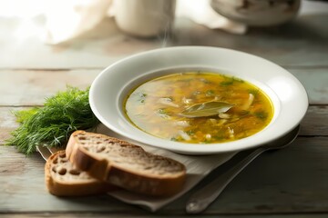 Warm Homemade Vegetable Soup Served with Fresh Dill and Rustic Bread on Table