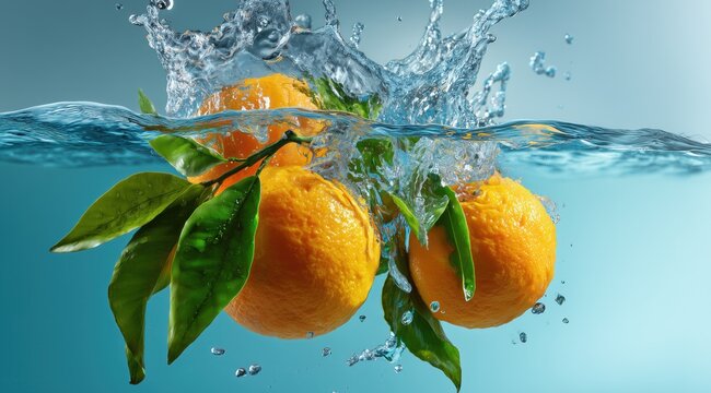 Des oranges aux feuilles vertes tombant dans l'eau avec &eacute;claboussures, couleurs vives en arri&egrave;re-plan, ton bleu p&acirc;le doux, faible profondeur de champ.