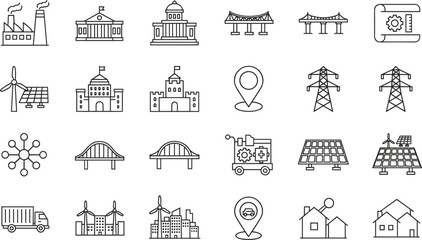 Obraz premium Infrastructure and energy line icons set featuring buildings bridges power grids renewable factories transportation vector illustration