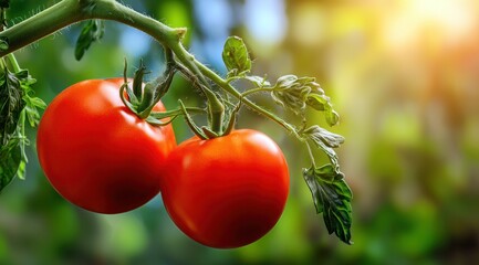 Deux tomates m&ucirc;res suspendues &agrave; leur tige poussant dans un jardin biologique, aux feuilles vertes et baign&eacute; de soleil, un arri&egrave;re-plan de l&eacute;gumes pour la publicit&eacute; de produits sains.