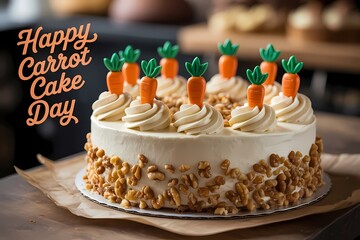 Happy Carrot Cake Day Celebration with Cream Cheese Frosting and Cute Carrot Toppers
