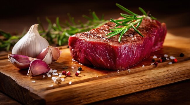 Un morceau de viande rouge saignante sur une planche en bois avec de l'ail, du poivre et du romarin, visuel culinaire, arri&egrave;re-plan flou.