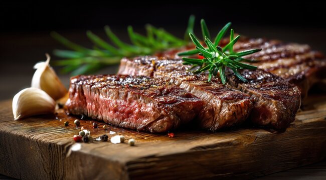 Un steak sur une planche en bois avec de l'ail, du poivre et du romarin, visuel culinaire d'un morceau de viande app&eacute;tissant, arri&egrave;re-plan flou.