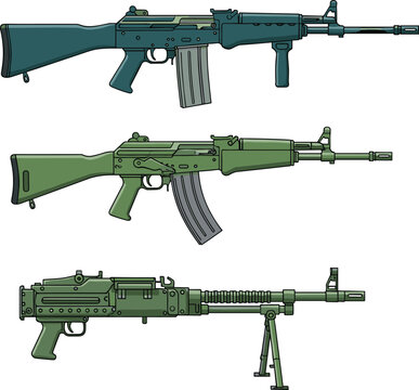 Military firearm illustration, battle rifle, assault rifle, light machine gun, black and white drawing, weapon comparison, detailed design, tactical equipment artwork