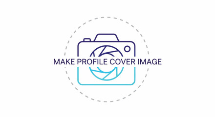 Fototapeta premium Modern graphic design of a camera icon with the text 'MAKE PROFILE COVER IMAGE' inside a circle, symbolizing photography and social media profile creation.