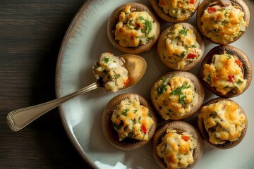 Gourmet Stuffed Mushrooms with Fresh Herbs and Golden Roasted Topping on Plate