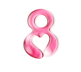 Symbol for International Womens Day or 8th March holiday. Number eight made of pink cosmetic gel with heart shape inside, 3d rendering