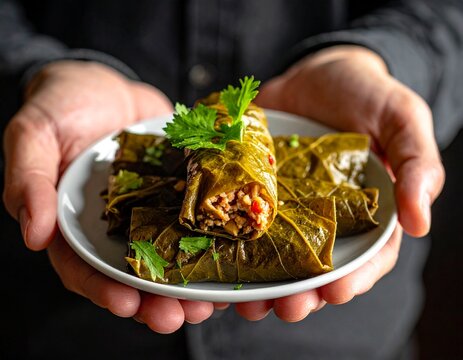 Single Dolma Roll in Hands. Single stuffed grape-leaf roll held between hands, showing filling texture and fresh herb garnish. Great for food blogs and menus.