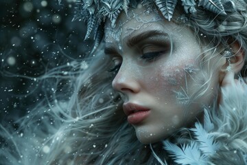 Naklejka premium Fantasy portrait of a snow queen with icy makeup and silver crown, wearing feathers, looking down as snow falls around her