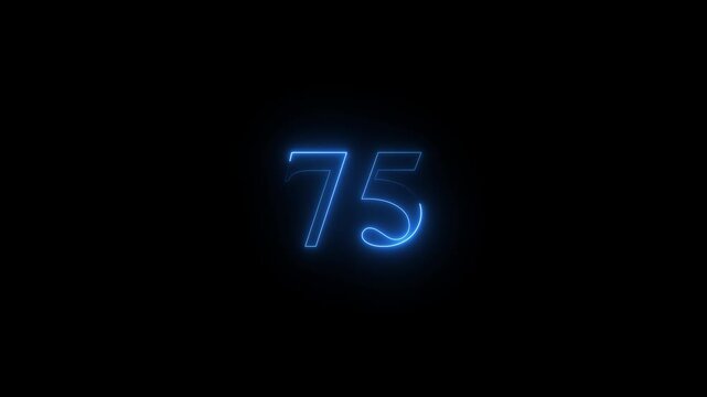 Glowing neon animated number 75. hot burning number on black background ,blue color looping trendy glowing neon numeric number. Motion graphics of sum number concept