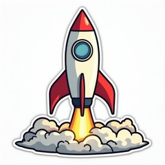 Fototapeta premium Retro cartoon rocket launching with fiery exhaust and smoke, perfect for startup, innovation, and space exploration themes.