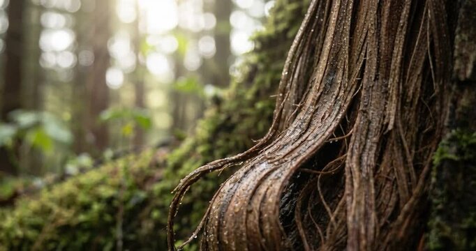 Close up of wet brown root structure in forest environment