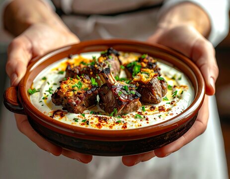 Braised meat on yogurt. Hearty braised meat served over a creamy yogurt base with herbs and spices, culinary portrait for Middle Eastern or comfort-food stories.