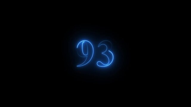 Glowing neon animated number 93. hot burning number on black background ,blue color looping trendy glowing neon numeric number. Motion graphics of sum number concept