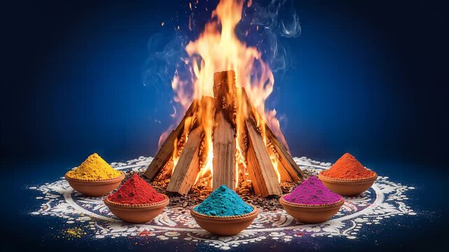 Holika Dahan Bonfire and Colorful Holi Powders Festival Celebration