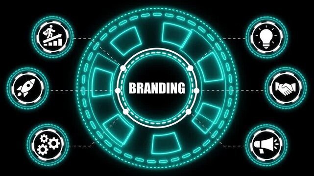This digital visualization presents a central circular diagram labeled BRANDING, encircled by glowing blue neon lines and segmented squares. Dotted lines link the center to six peripheral circular ico